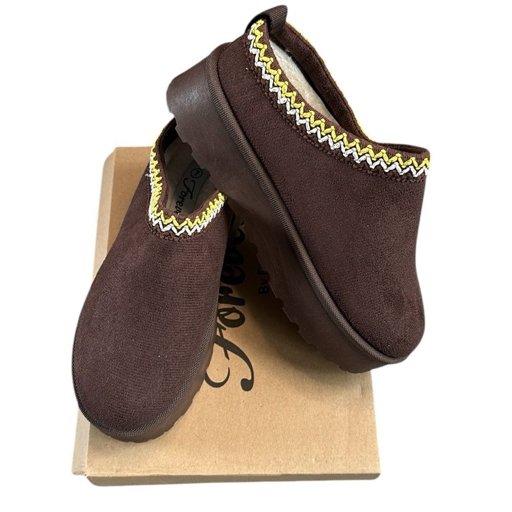 NIB Platform Slip On Clog Slippers Sherpa Faux Fur Lining Chocolate Brown Size 7